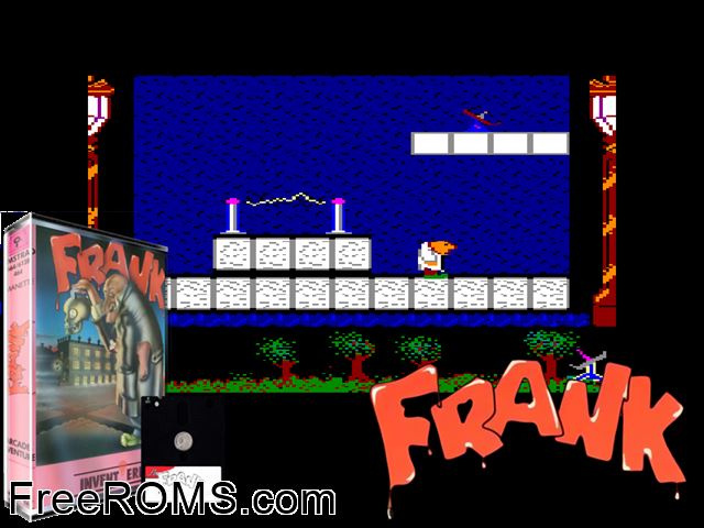 Frank (F) (1986) (Disk 1 of 2) [a1] Amstrad CPC game showing 3D box cover and gameplay screenshot